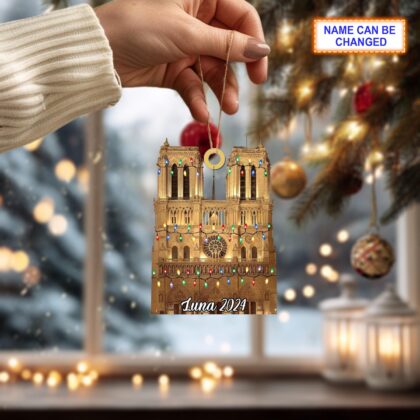 Alternative view of Custom Name Notre-Dame Cathedral With Christmas Lights Personalized Ornament