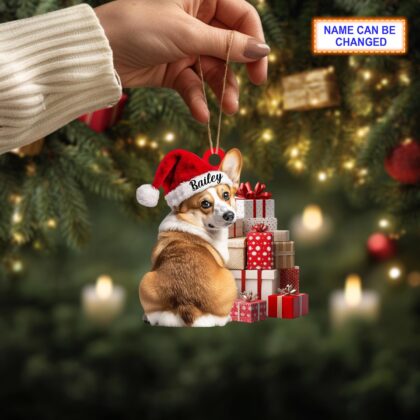 Alternative view of Custom Name Cute Sitting Corgi Dog with Santa Hat Christmas Gift Box Ornament