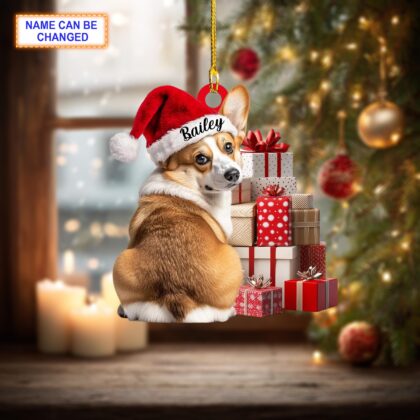 Custom Name Cute Sitting Corgi Dog with Santa Hat Christmas Gift Box Ornament - Image 3