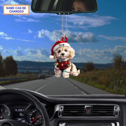 Alternative view of Custom Name Cute Sitting Poodle Dog with Santa Hat Christmas Lights Ornament