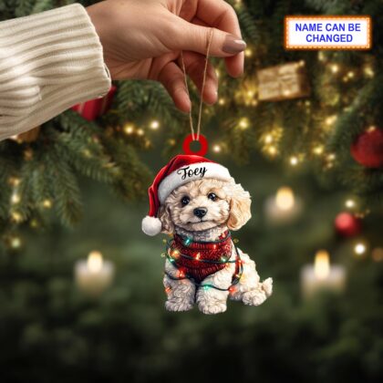 Custom Name Cute Sitting Poodle Dog with Santa Hat Christmas Lights Ornament - Image 3