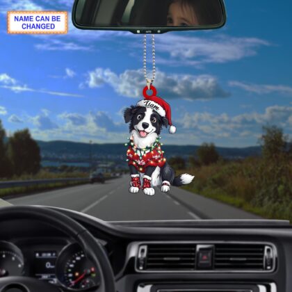 Custom Name Border Collie Cute Dog With Santa Hat Christmas Lights Ornament - Image 4