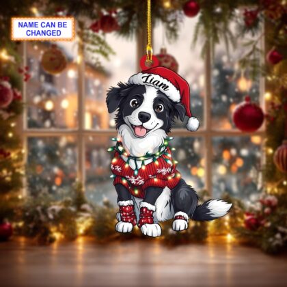 Alternative view of Custom Name Border Collie Cute Dog With Santa Hat Christmas Lights Ornament