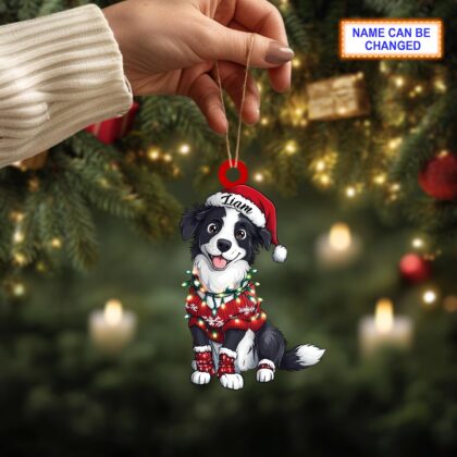 Custom Name Border Collie Cute Dog With Santa Hat Christmas Lights Ornament - Image 3