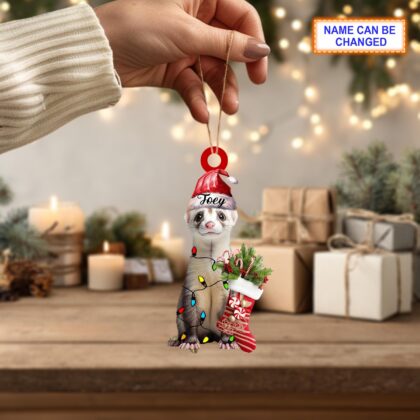 Alternative view of Custom Name Cute Sitting Ferret with Santa Hat Christmas Lights Ornament