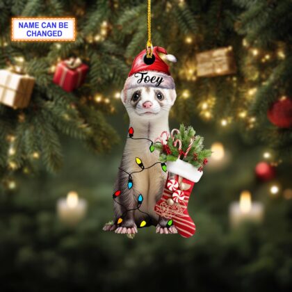 Custom Name Cute Sitting Ferret with Santa Hat Christmas Lights Ornament - Image 4