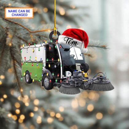 Custom Name Street Sweeper Truck With Santa Hat and Christmas Lights Ornament - Image 2