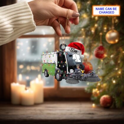 Custom Name Street Sweeper Truck With Santa Hat and Christmas Lights Ornament - Image 4
