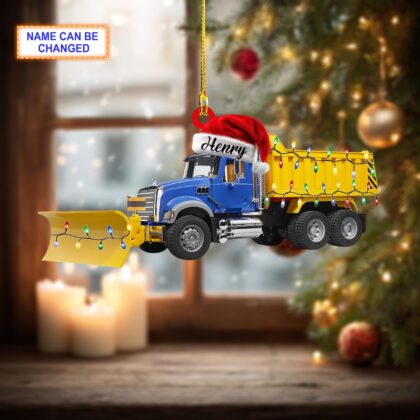 Custom Name Snow Plow Truck With Santa Hat and Christmas Lights Ornament - Image 4