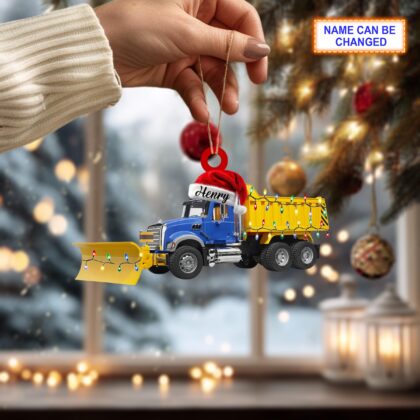 Custom Name Snow Plow Truck With Santa Hat and Christmas Lights Ornament - Image 2