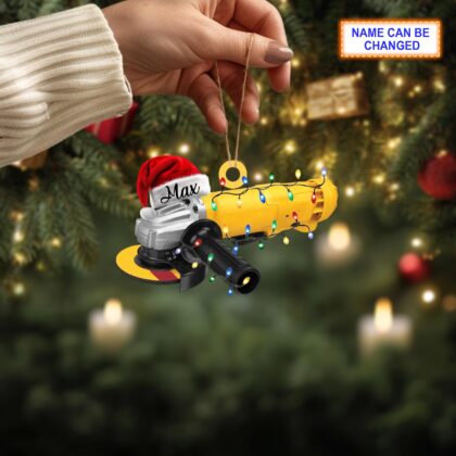Alternative view of Custom Name Angle Grinder With Santa Hat and Christmas Lights Ornament
