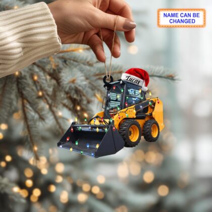 Custom Name Skid Steer Loader With Santa Hat Christmas Lights Ornament - Image 2