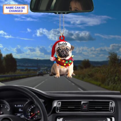 Custom Name Cute Sitting Pug Dog with Santa Hat Christmas Ornament - Image 4