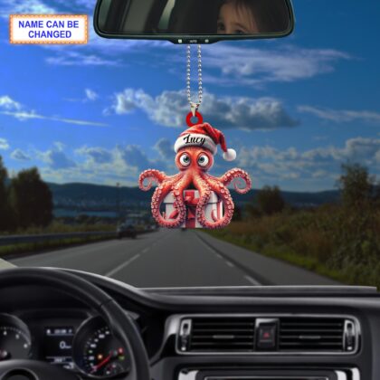 Custom Name Cute Octopus With Santa Hat Sitting On A Gift Box Ornament - Image 4