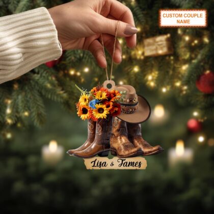 Custom Name Cowboy Couple Flower Christmas Ornament – Christmas Tree Hanging Decor - Image 3