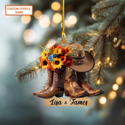 Alternative view of Custom Name Cowboy Couple Flower Christmas Ornament – Christmas Tree Hanging Decor