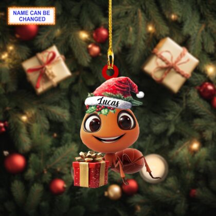 Custom Name Cute Happy Ant With Santa Hat and A Gift Box Ornament - Image 3
