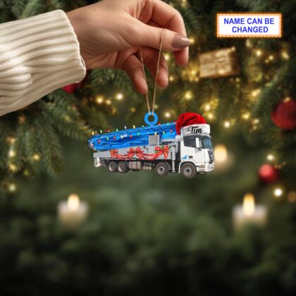 Custom Name Boom Pump Truck With Santa Hat and Christmas Lights Ornament - Image 4