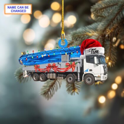 Alternative view of Custom Name Boom Pump Truck With Santa Hat and Christmas Lights Ornament
