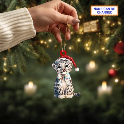 Custom Name Cheetah with Santa Hat and Glitter Bow Lights Leopard Christmas Ornament - Image 3