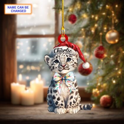 Alternative view of Custom Name Cheetah with Santa Hat and Glitter Bow Lights Leopard Christmas Ornament