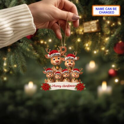 Alternative view of Personalized Reindeer Family Christmas Ornament – Cute Deer Tree Hanging Holiday Decoration with Santa Hats