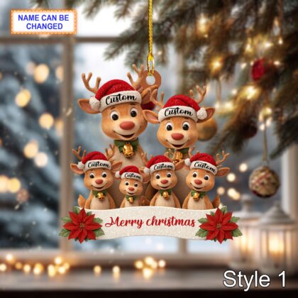 Personalized Reindeer Family Christmas Ornament – Cute Deer Tree Hanging Holiday Decoration with Santa Hats