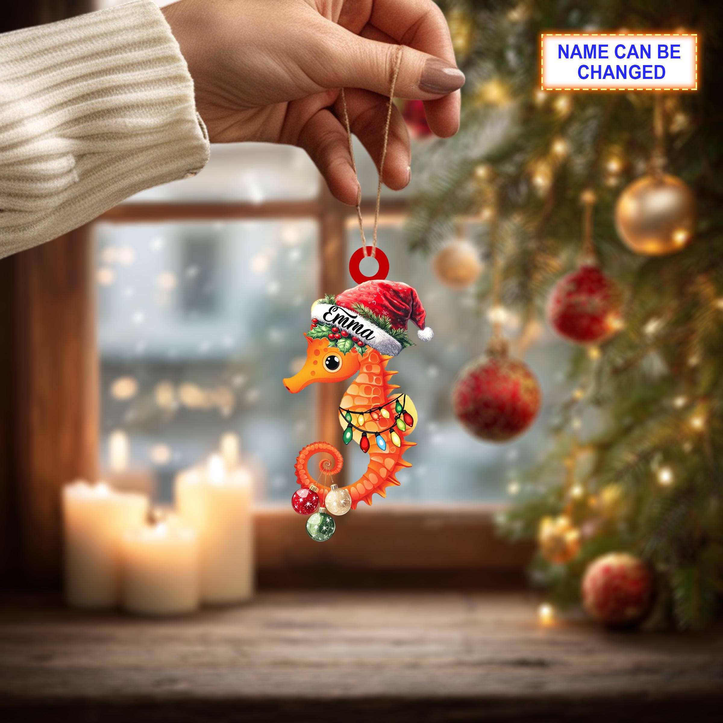 Custom Name Seahorse with Santa Hat and Christmas Lights Ornament - Image 3