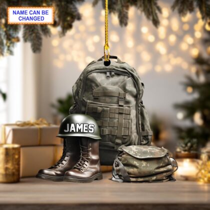 Alternative view of Custom Name Military Uniform Boots & Helmet V3 Christmas Ornament
