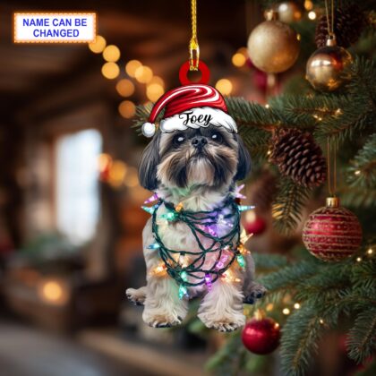 Alternative view of Custom Name Cute Sitting Shih Tzu Dog with Santa Hat Christmas Lights Ornament