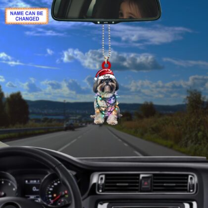 Custom Name Cute Sitting Shih Tzu Dog with Santa Hat Christmas Lights Ornament - Image 3