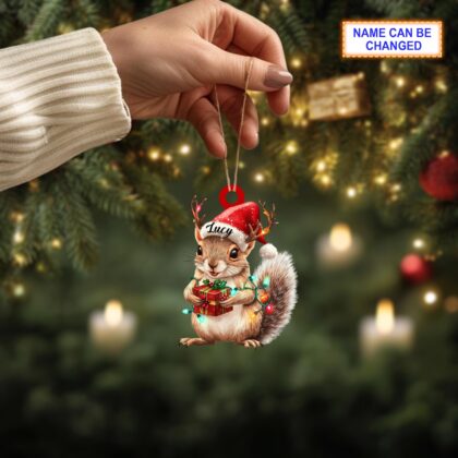 Custom Name Squirrel With Santa Hat and Giftbox Personalized Ornament - Image 4