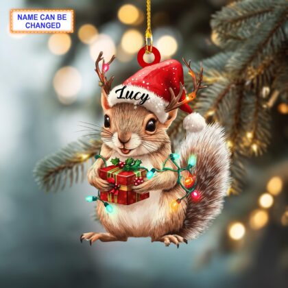 Custom Name Squirrel With Santa Hat and Giftbox Personalized Ornament - Image 2