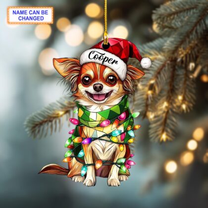 Alternative view of Custom Name Chihuahua Cute Dog With Santa Hat Christmas Lights Ornament