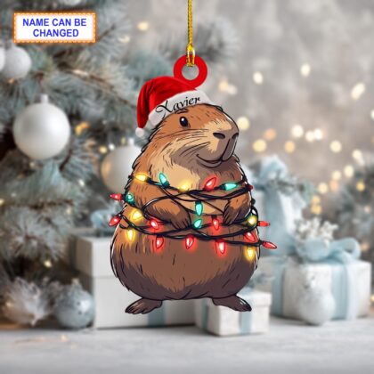 Alternative view of Custom Name Capybara Smile Christmas Lights Personalized Ornament