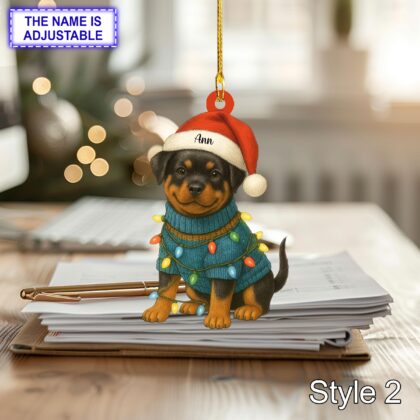 Alternative view of Custom Name Cute Sitting Rottweiler Dog with Santa Hat Christmas Lights Ornament