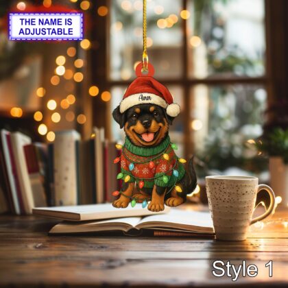 Custom Name Cute Sitting Rottweiler Dog with Santa Hat Christmas Lights Ornament