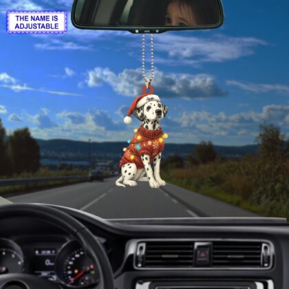 Custom Name Cute Sitting Dalmatian Dog with Santa Hat Christmas Lights Ornament - Image 3