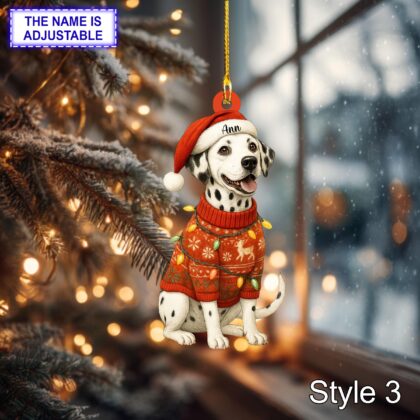 Custom Name Cute Sitting Dalmatian Dog with Santa Hat Christmas Lights Ornament - Image 5