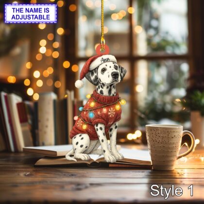 Custom Name Cute Sitting Dalmatian Dog with Santa Hat Christmas Lights Ornament