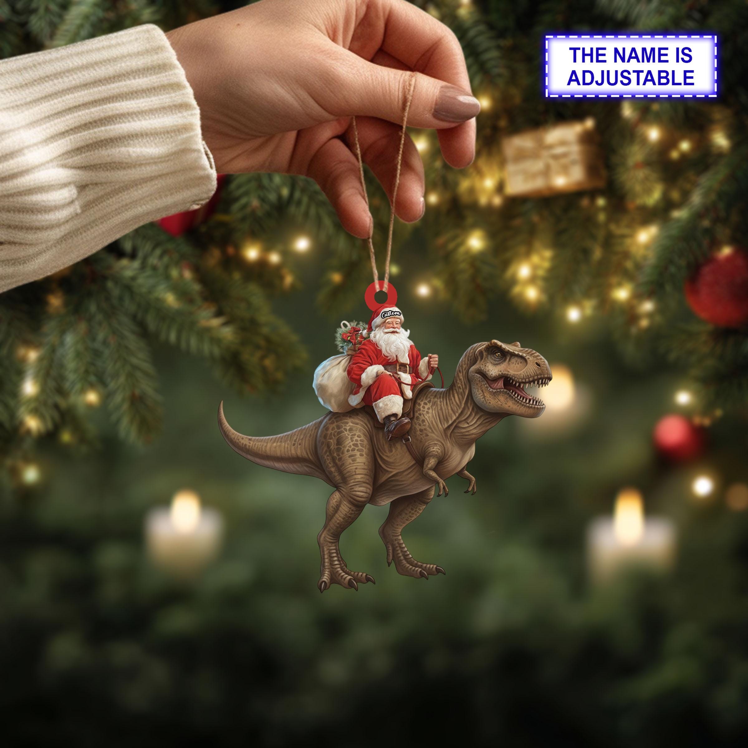 Santa riding T-Rex acrylic 2D flat Christmas ornament – festive tree hanging acrylic holiday decoration - Image 2