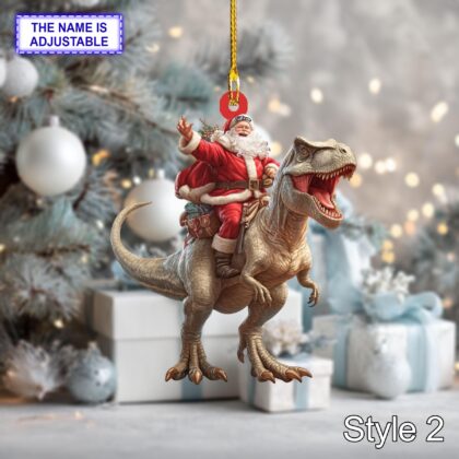 Santa riding T-Rex acrylic 2D flat Christmas ornament – festive tree hanging acrylic holiday decoration - Image 4