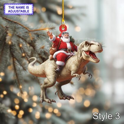 Santa riding T-Rex acrylic 2D flat Christmas ornament – festive tree hanging acrylic holiday decoration - Image 5