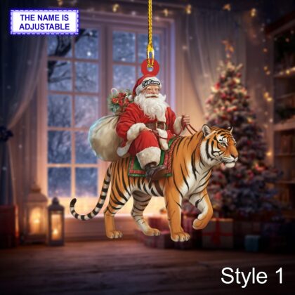 Santa riding Tiger acrylic 2D flat Christmas ornament – festive tree hanging acrylic holiday decoration