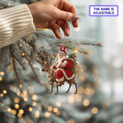 Alternative view of Santa riding Reindeer acrylic 2D flat Christmas ornament