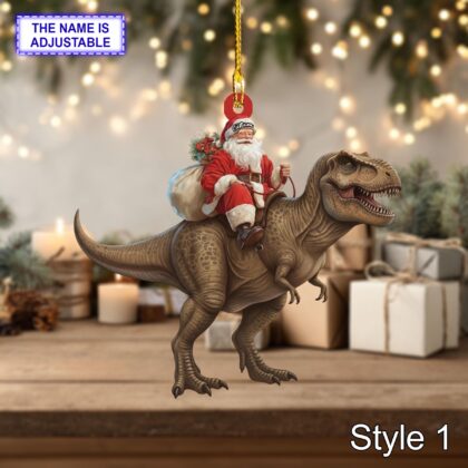 Santa riding T-Rex acrylic 2D flat Christmas ornament – festive tree hanging acrylic holiday decoration