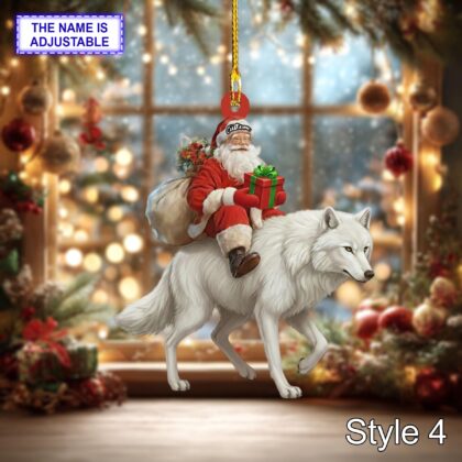 Santa riding Wolf acrylic 2D flat Christmas ornament – festive tree hanging acrylic holiday decoration - Image 6