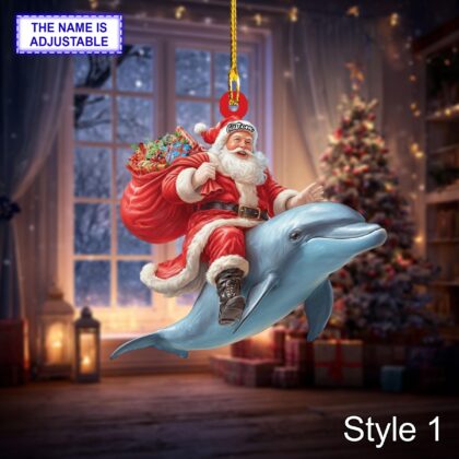 Santa riding Dolphin acrylic 2D flat Christmas ornament