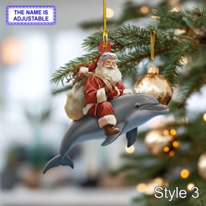 Santa riding Dolphin acrylic 2D flat Christmas ornament - Image 5