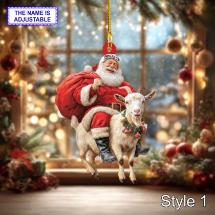 Santa riding Mountain Goat acrylic 2D flat Christmas ornament